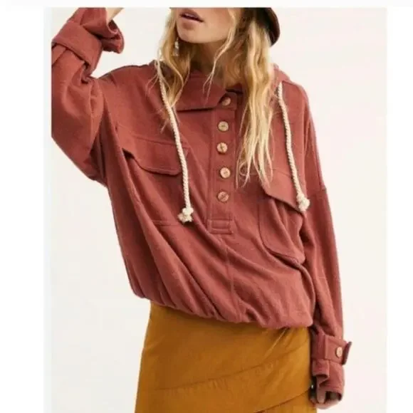Free People Beach Sail Away Hoodie Pullover Oversize Rust Terrycloth Medium - Picture 9 of 9